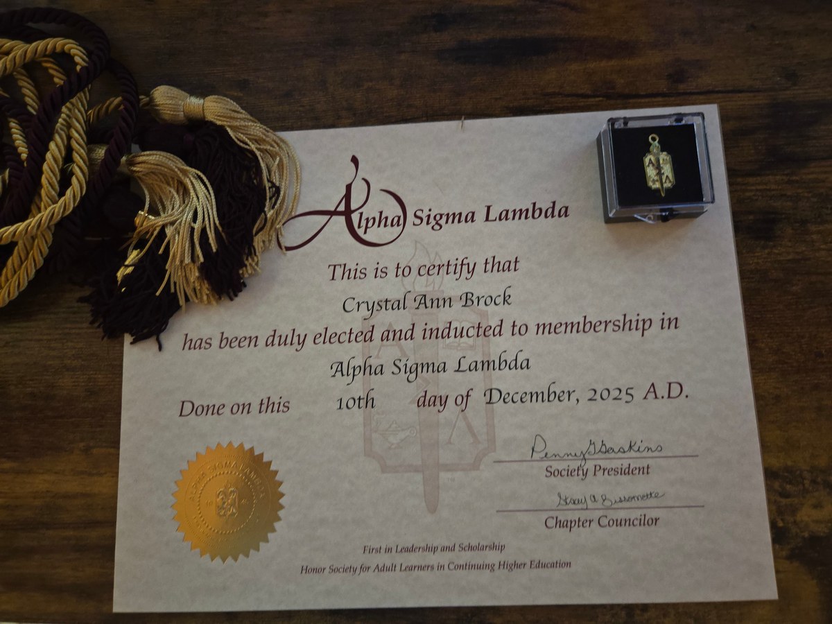 Alpha Sigma Lambda induction certificate, honor cords and lapel pin